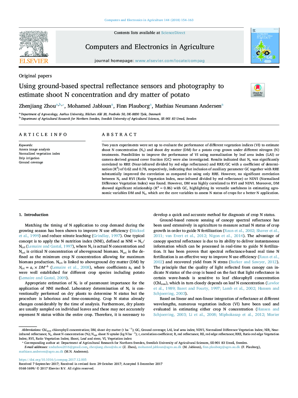 Using ground-based spectral reflectance sensors and photography to estimate shoot N concentration and dry matter of potato