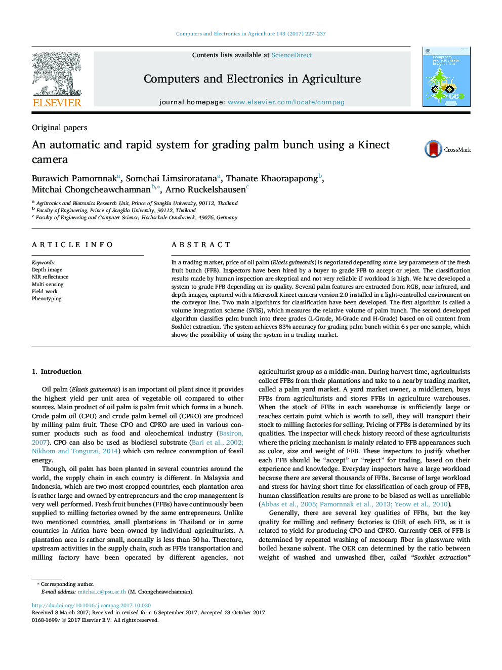 An automatic and rapid system for grading palm bunch using a Kinect camera