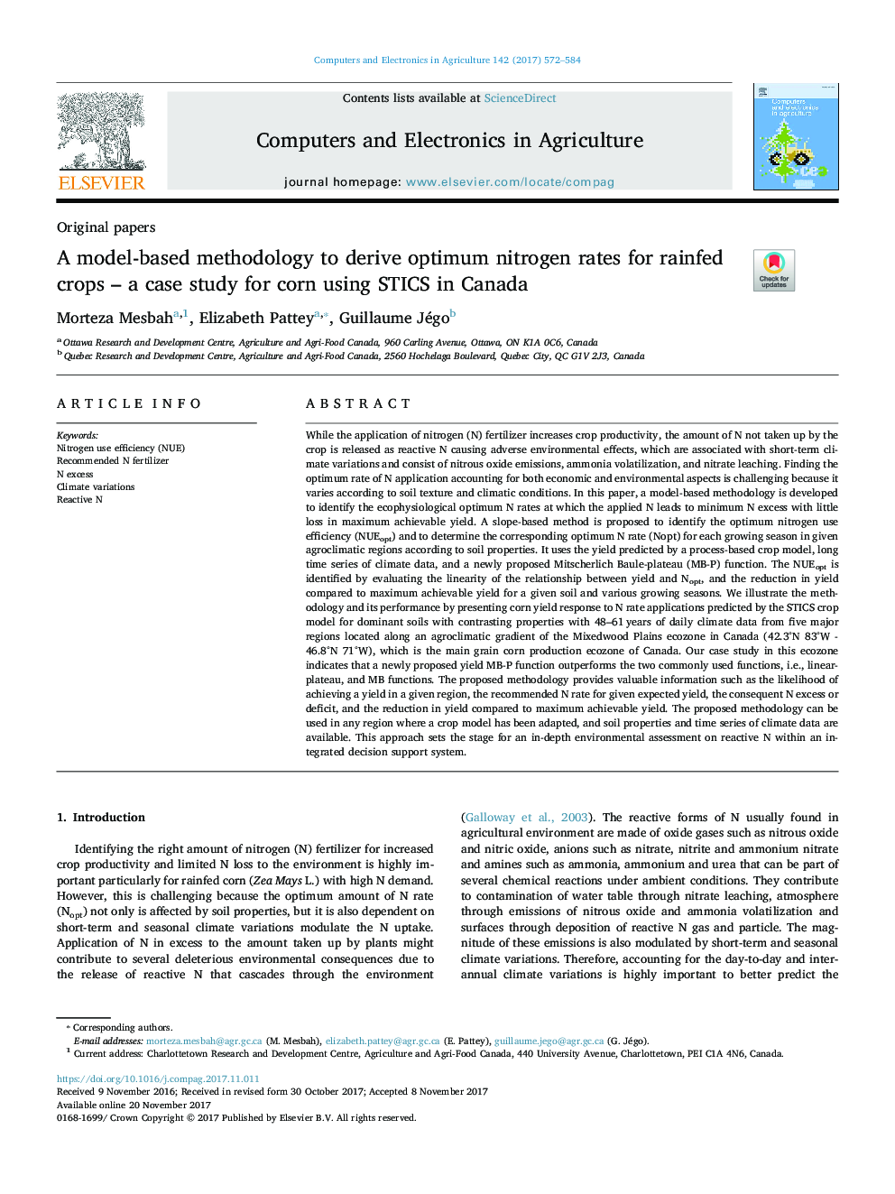 A model-based methodology to derive optimum nitrogen rates for rainfed crops - a case study for corn using STICS in Canada