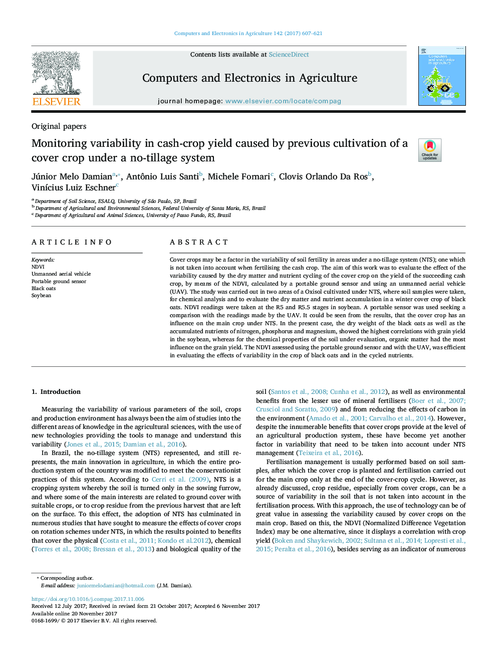 Monitoring variability in cash-crop yield caused by previous cultivation of a cover crop under a no-tillage system