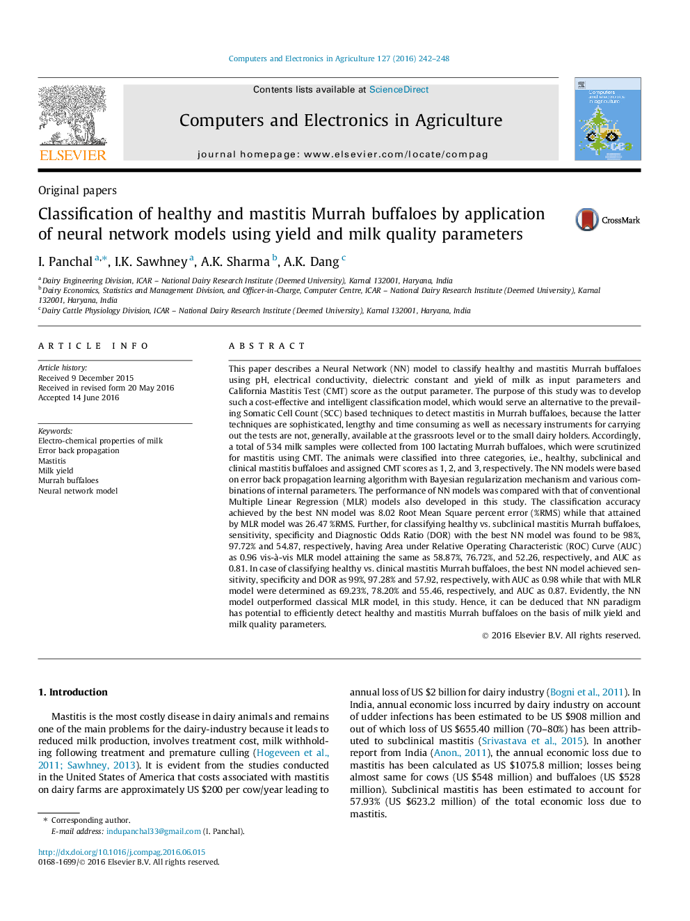 طبقه بندی بوفالوهای مرغی سالم و ماستیت با استفاده از مدل شبکه عصبی با استفاده از پارامترهای عملکرد و کیفیت شیر 