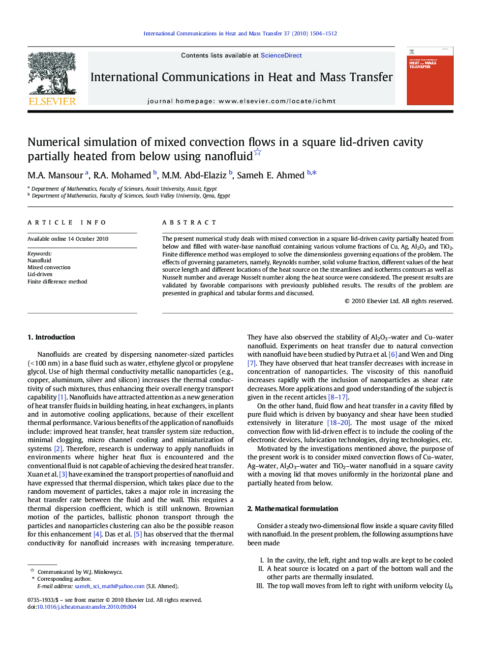 Numerical simulation of mixed convection flows in a square lid-driven cavity partially heated from below using nanofluid