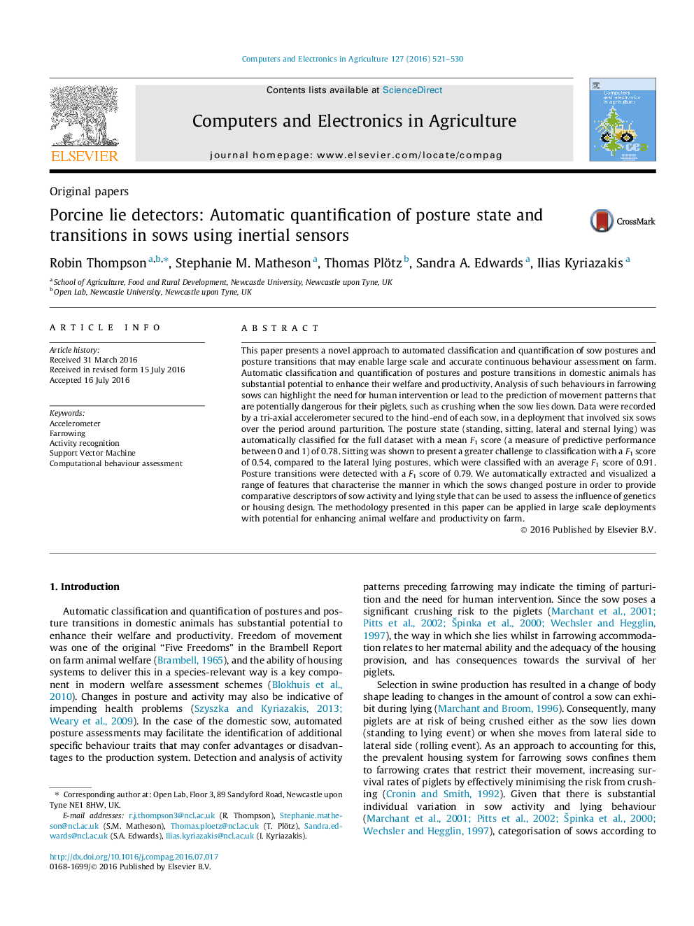 Porcine lie detectors: Automatic quantification of posture state and transitions in sows using inertial sensors