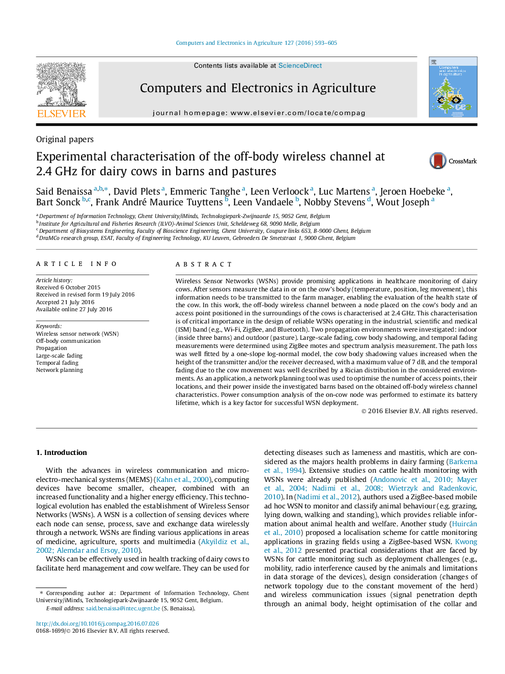 Experimental characterisation of the off-body wireless channel at 2.4Â GHz for dairy cows in barns and pastures