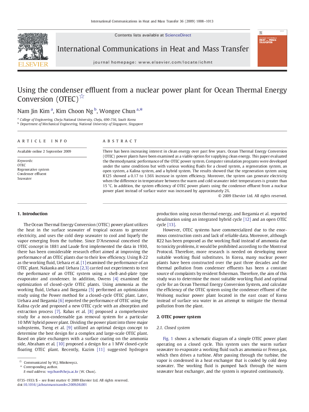 عکس صفحه اول مقاله: Using the condenser effluent from a nuclear power plant for Ocean Thermal Energy Conversion (OTEC) Using the condenser effluent from a nuclear power plant for Ocean Thermal Energy Conversion (OTEC)