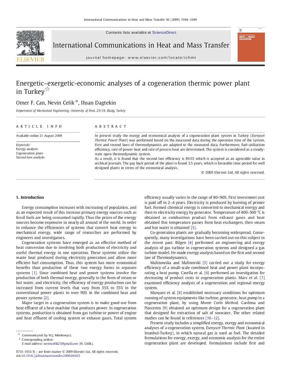 Energetic-exergetic-economic analyses of a cogeneration thermic power plant in Turkey