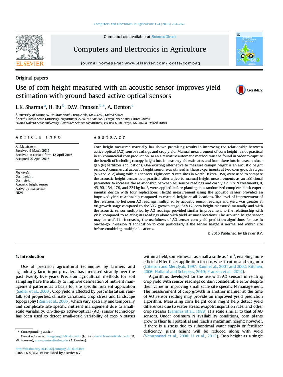 Use of corn height measured with an acoustic sensor improves yield estimation with ground based active optical sensors