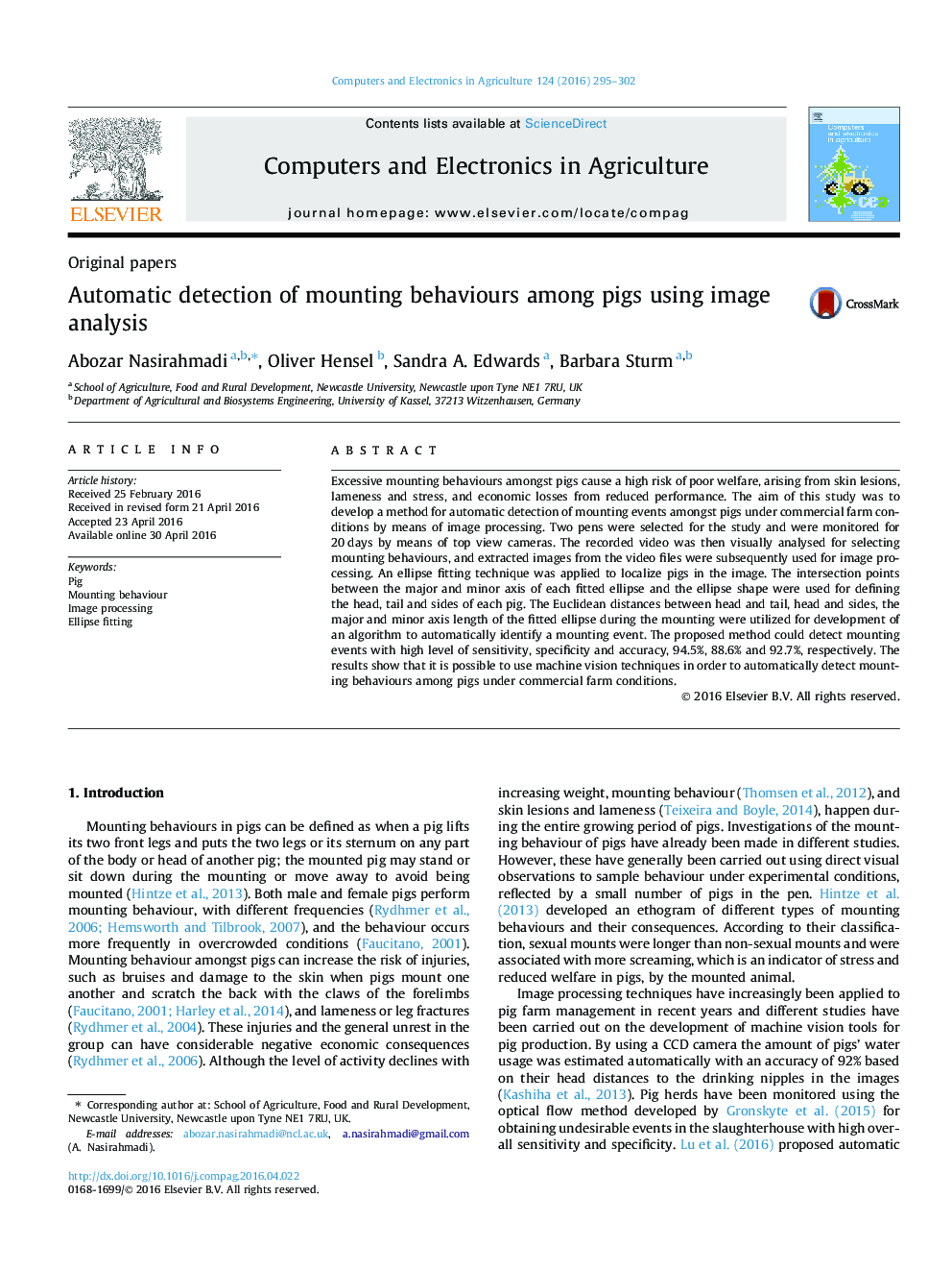 Automatic detection of mounting behaviours among pigs using image analysis