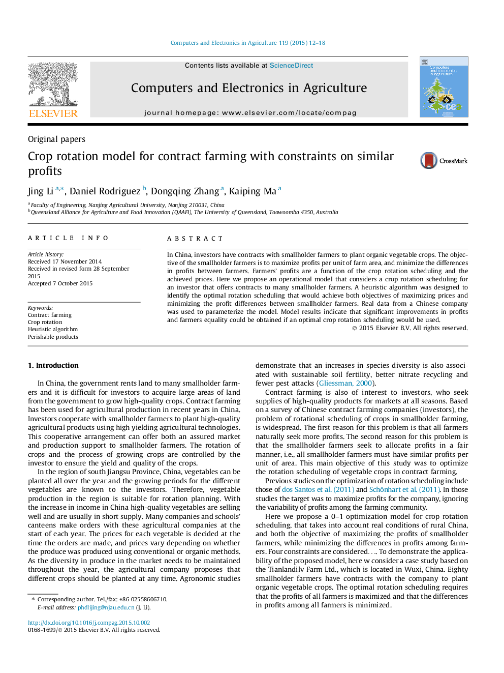 Crop rotation model for contract farming with constraints on similar profits