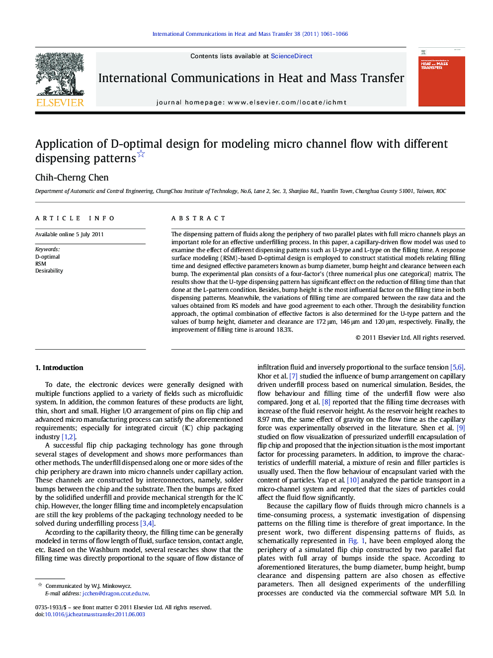 Application of D-optimal design for modeling micro channel flow with different dispensing patterns 