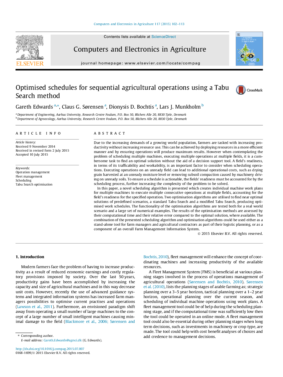 Optimised schedules for sequential agricultural operations using a Tabu Search method