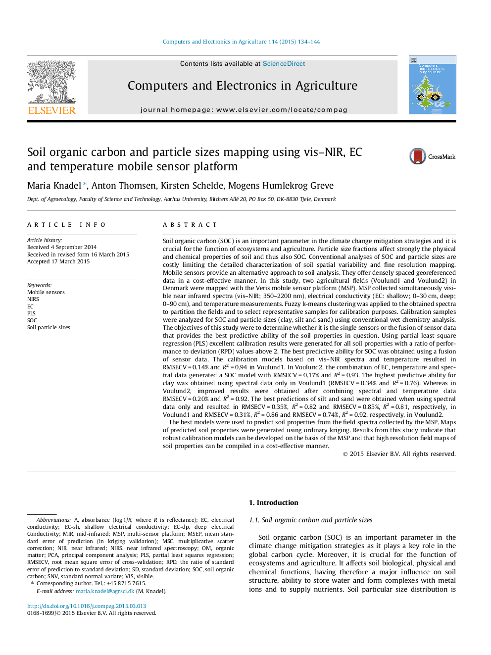 Soil organic carbon and particle sizes mapping using vis-NIR, EC and temperature mobile sensor platform