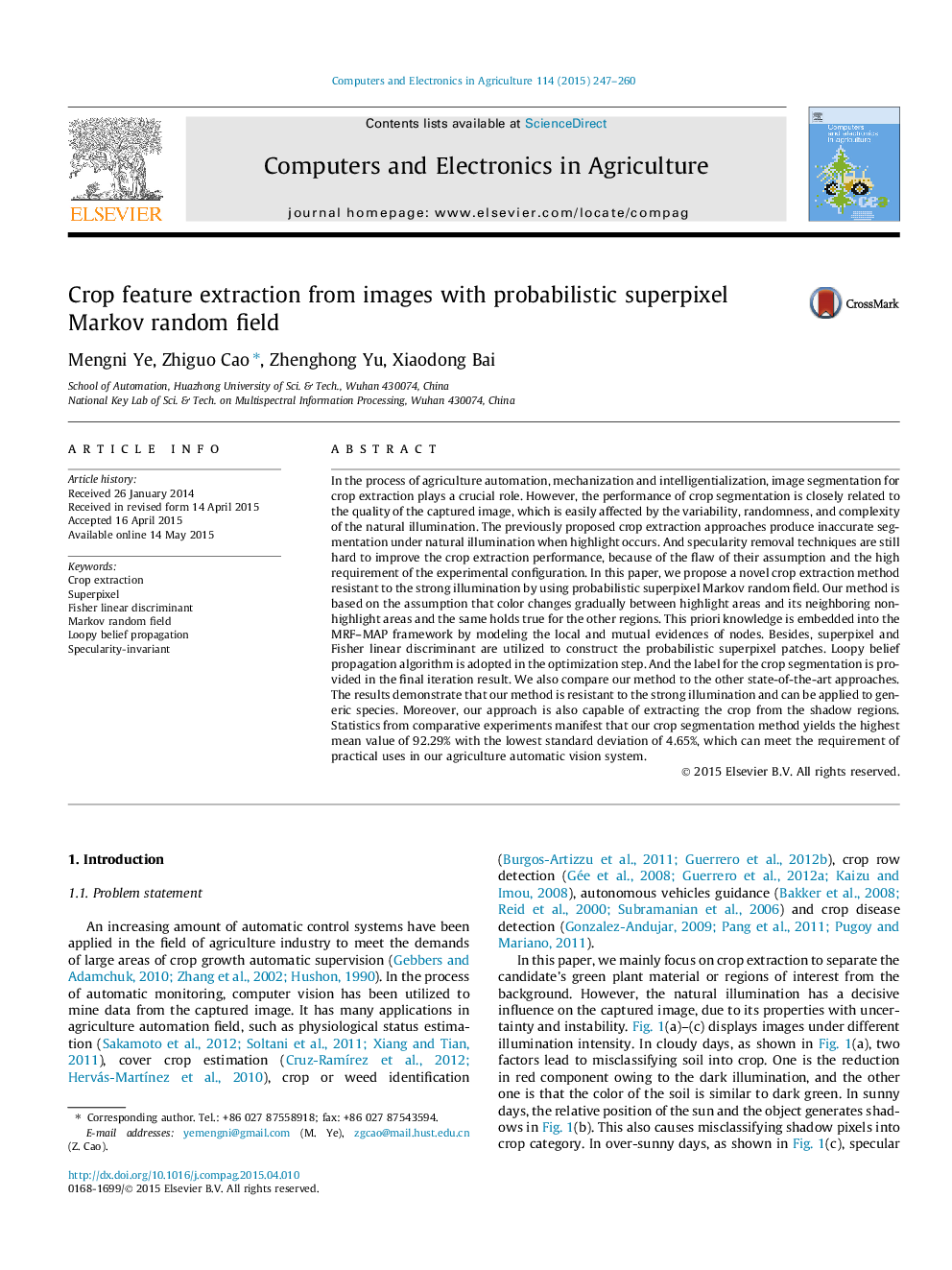 Crop feature extraction from images with probabilistic superpixel Markov random field