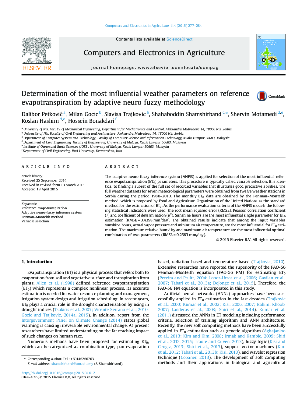 Determination of the most influential weather parameters on reference evapotranspiration by adaptive neuro-fuzzy methodology