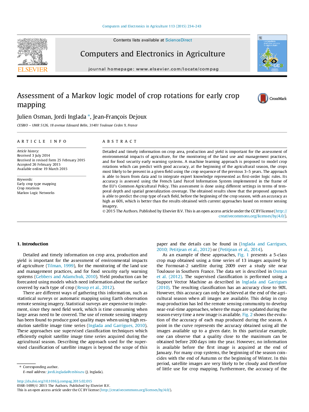 Assessment of a Markov logic model of crop rotations for early crop mapping