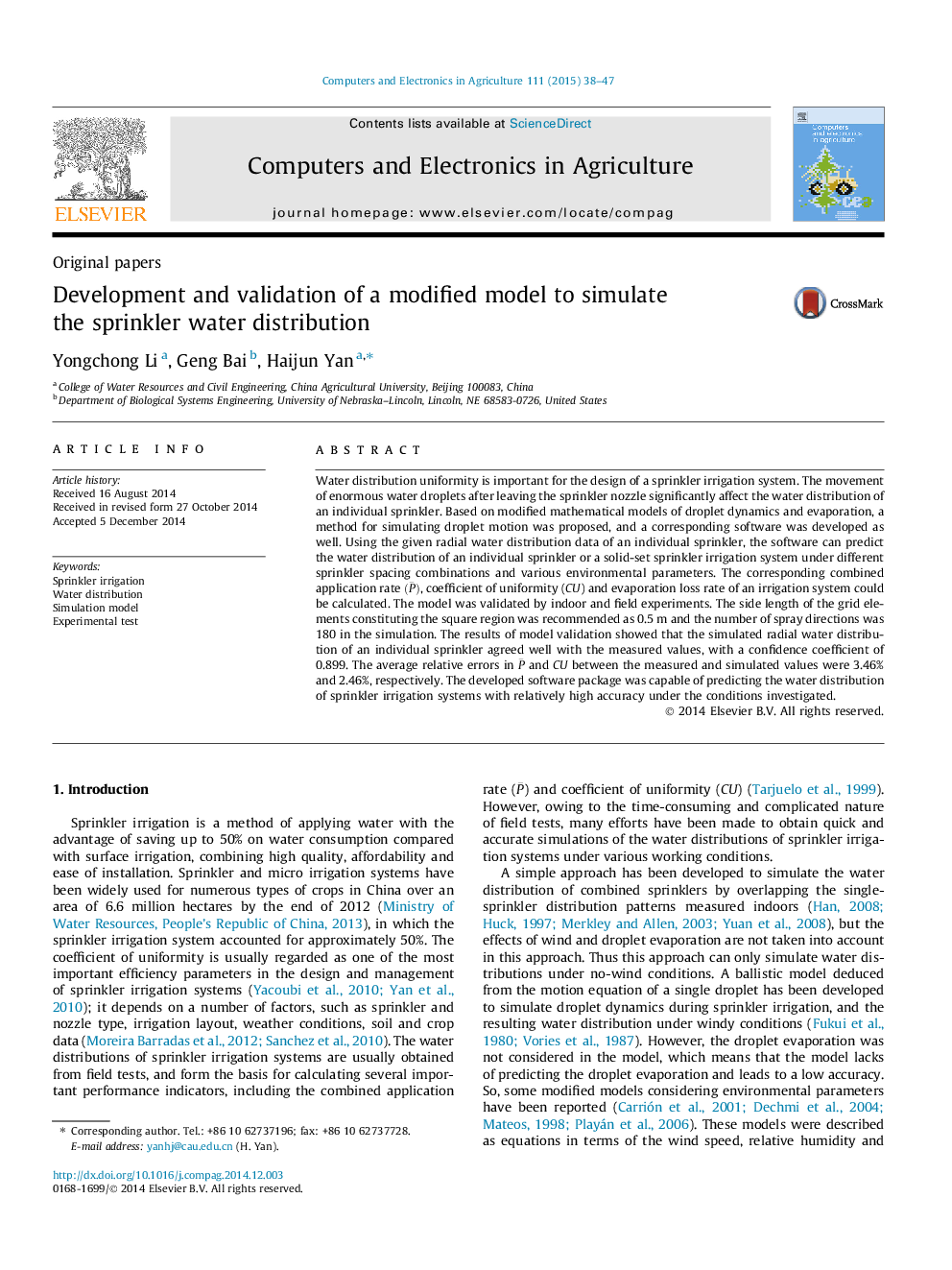 Development and validation of a modified model to simulate the sprinkler water distribution