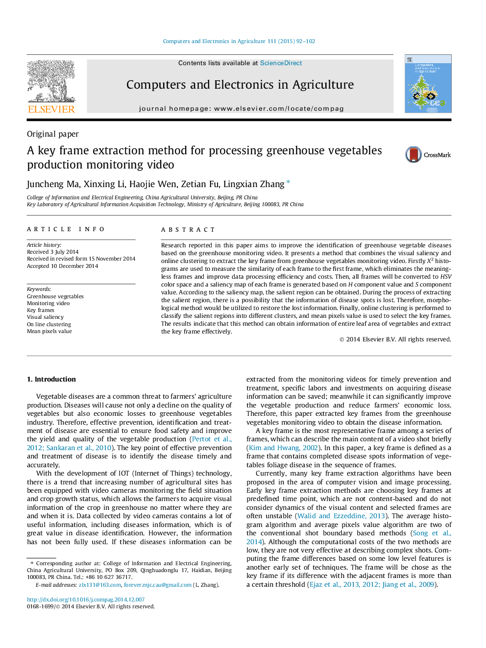 A key frame extraction method for processing greenhouse vegetables production monitoring video