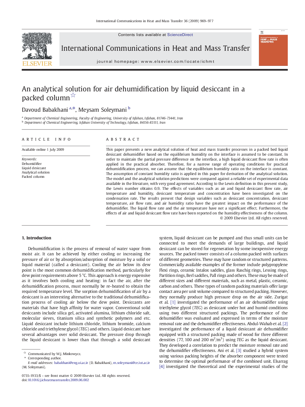 An analytical solution for air dehumidification by liquid desiccant in a packed column 