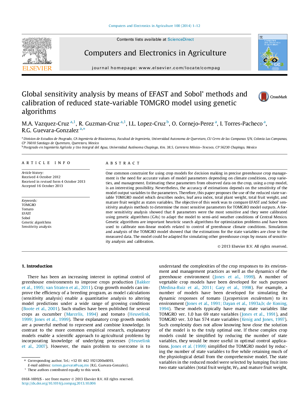 Global sensitivity analysis by means of EFAST and Sobol' methods and calibration of reduced state-variable TOMGRO model using genetic algorithms