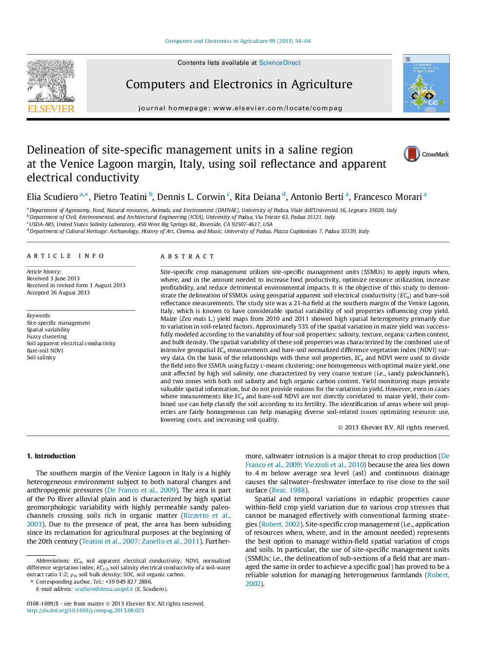 تعریف واحدهای مدیریت سایت در یک منطقه شور در حاشیه ونیز حاشیه، ایتالیا، با استفاده از بازتابی خاک و هدایت الکتریکی ظاهری 