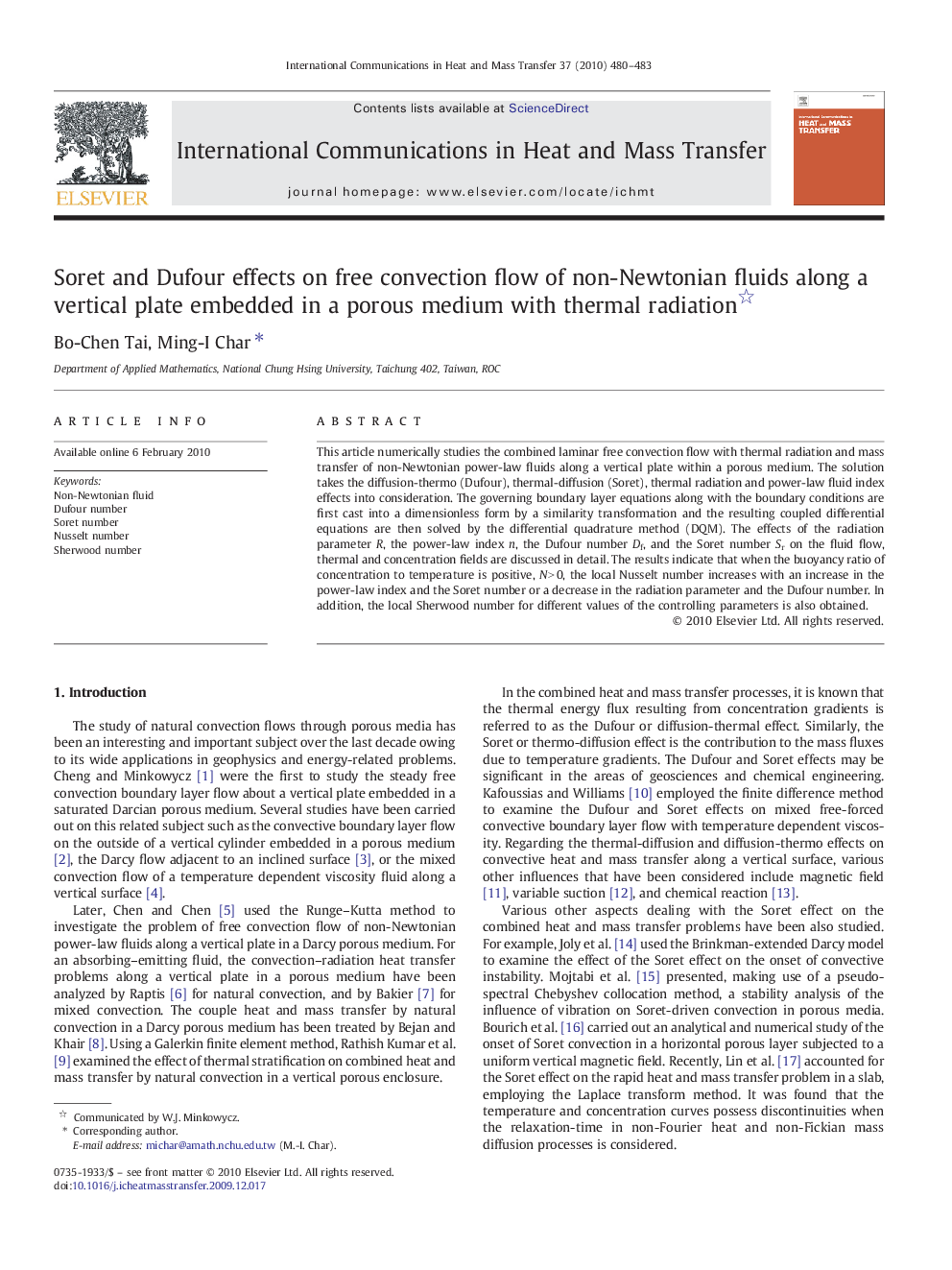 Soret and Dufour effects on free convection flow of non-Newtonian fluids along a vertical plate embedded in a porous medium with thermal radiation 