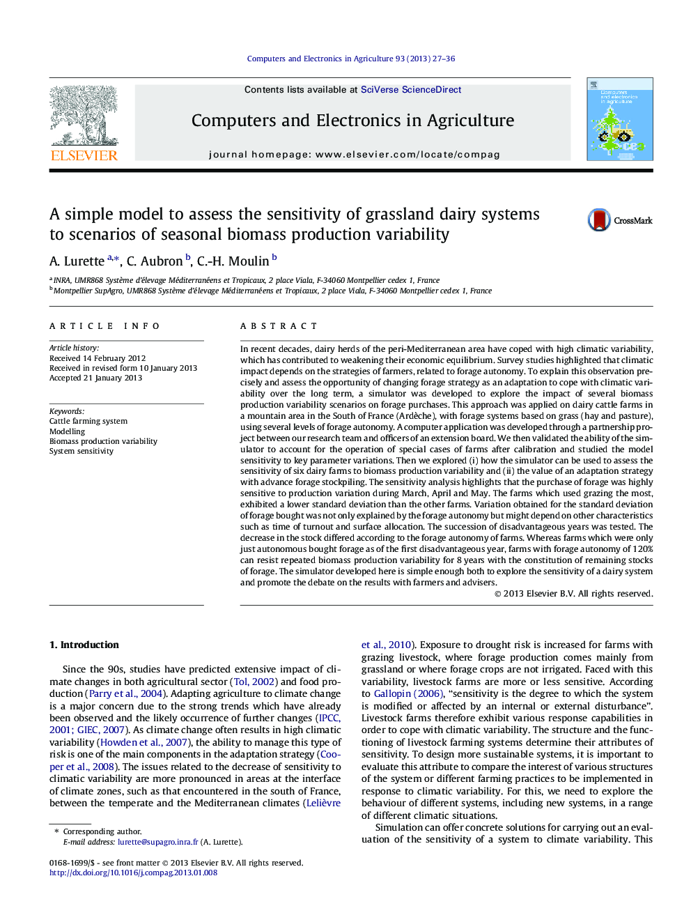 A simple model to assess the sensitivity of grassland dairy systems to scenarios of seasonal biomass production variability