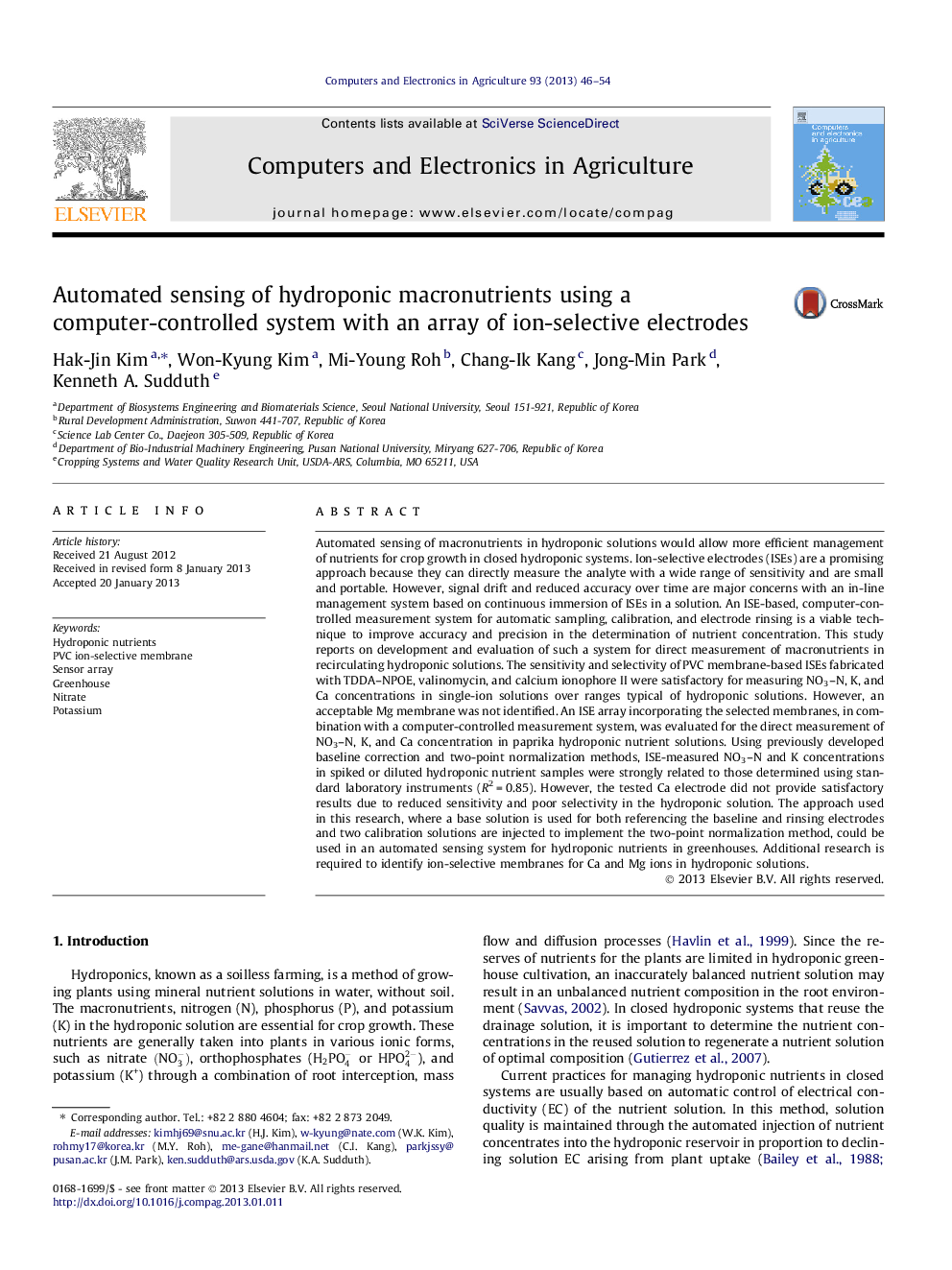 سنجش خودکار مغذی های هیدروپونیک با استفاده از یک سیستم کنترل کامپیوتری با مجموعه ای از الکترودهای انتخاب یونی 