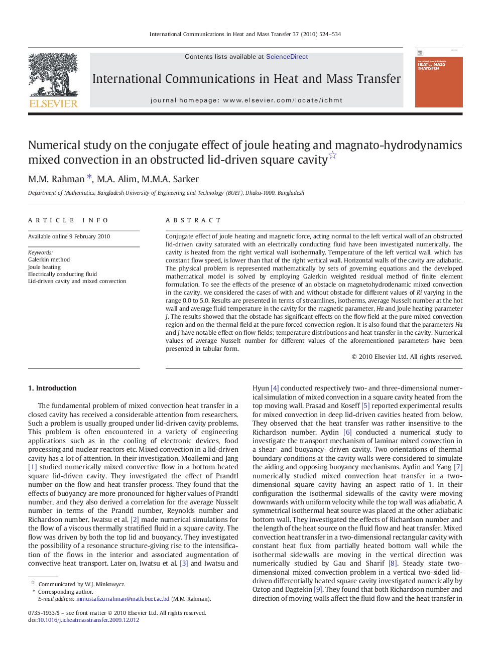 عکس صفحه اول مقاله: Numerical study on the conjugate effect of joule heating and magnato-hydrodynamics mixed convection in an obstructed lid-driven square cavity Numerical study on the conjugate effect of joule heating and magnato-hydrodynamics mixed convection in an obstructed lid-driven square cavity