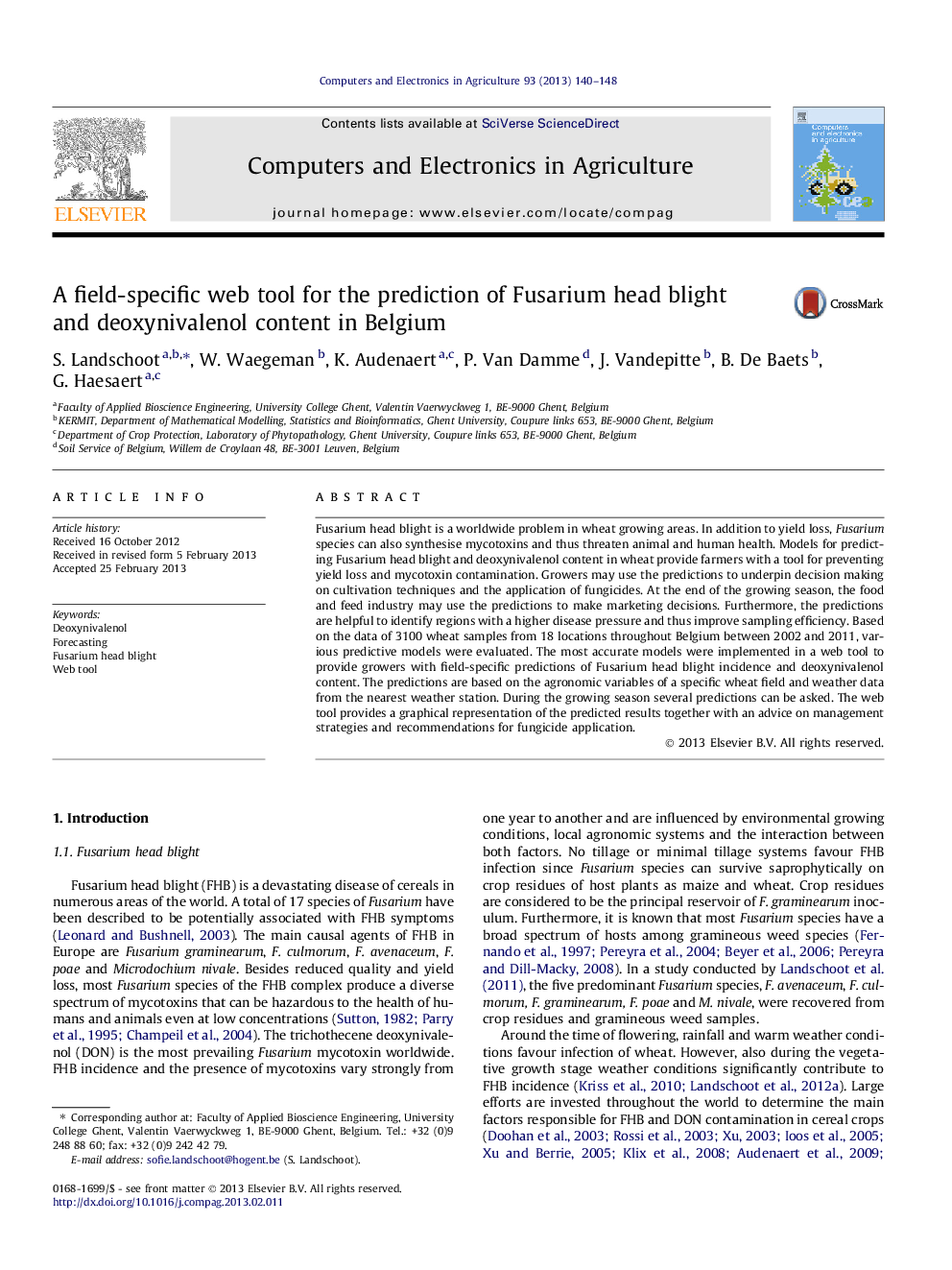 A field-specific web tool for the prediction of Fusarium head blight and deoxynivalenol content in Belgium