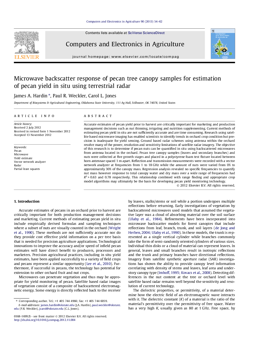 Microwave backscatter response of pecan tree canopy samples for estimation of pecan yield in situ using terrestrial radar