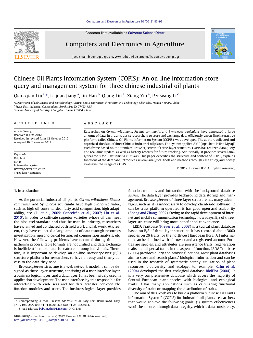 Chinese Oil Plants Information System (COPIS): An on-line information store, query and management system for three chinese industrial oil plants