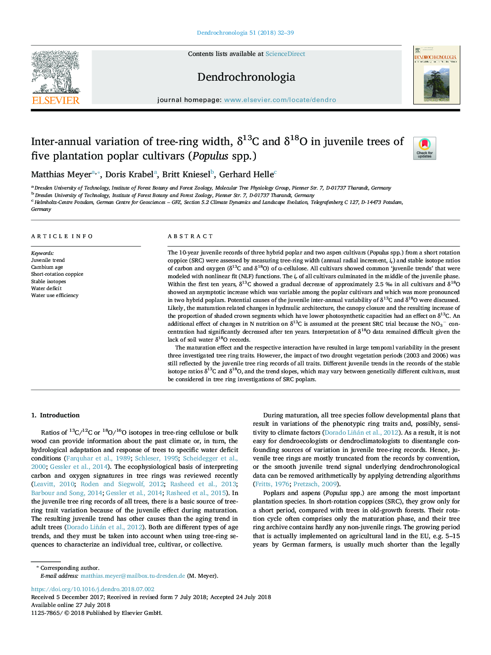 Inter-annual variation of tree-ring width, Î´13C and Î´18O in juvenile trees of five plantation poplar cultivars (Populus spp.)