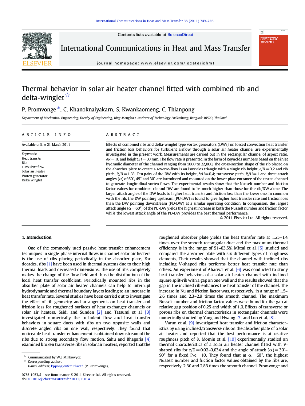 Thermal behavior in solar air heater channel fitted with combined rib and delta-winglet 