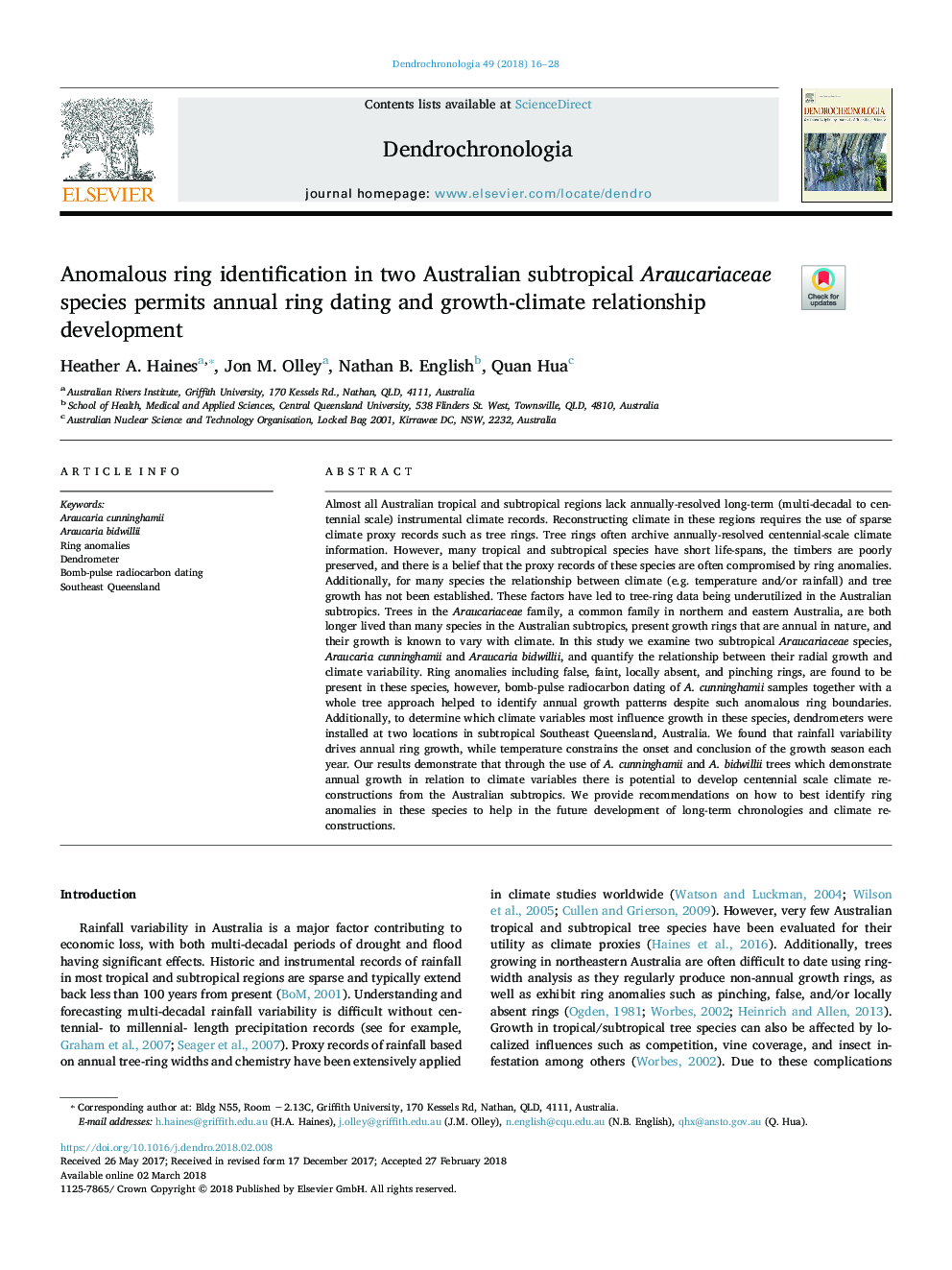 Anomalous ring identification in two Australian subtropical Araucariaceae species permits annual ring dating and growth-climate relationship development