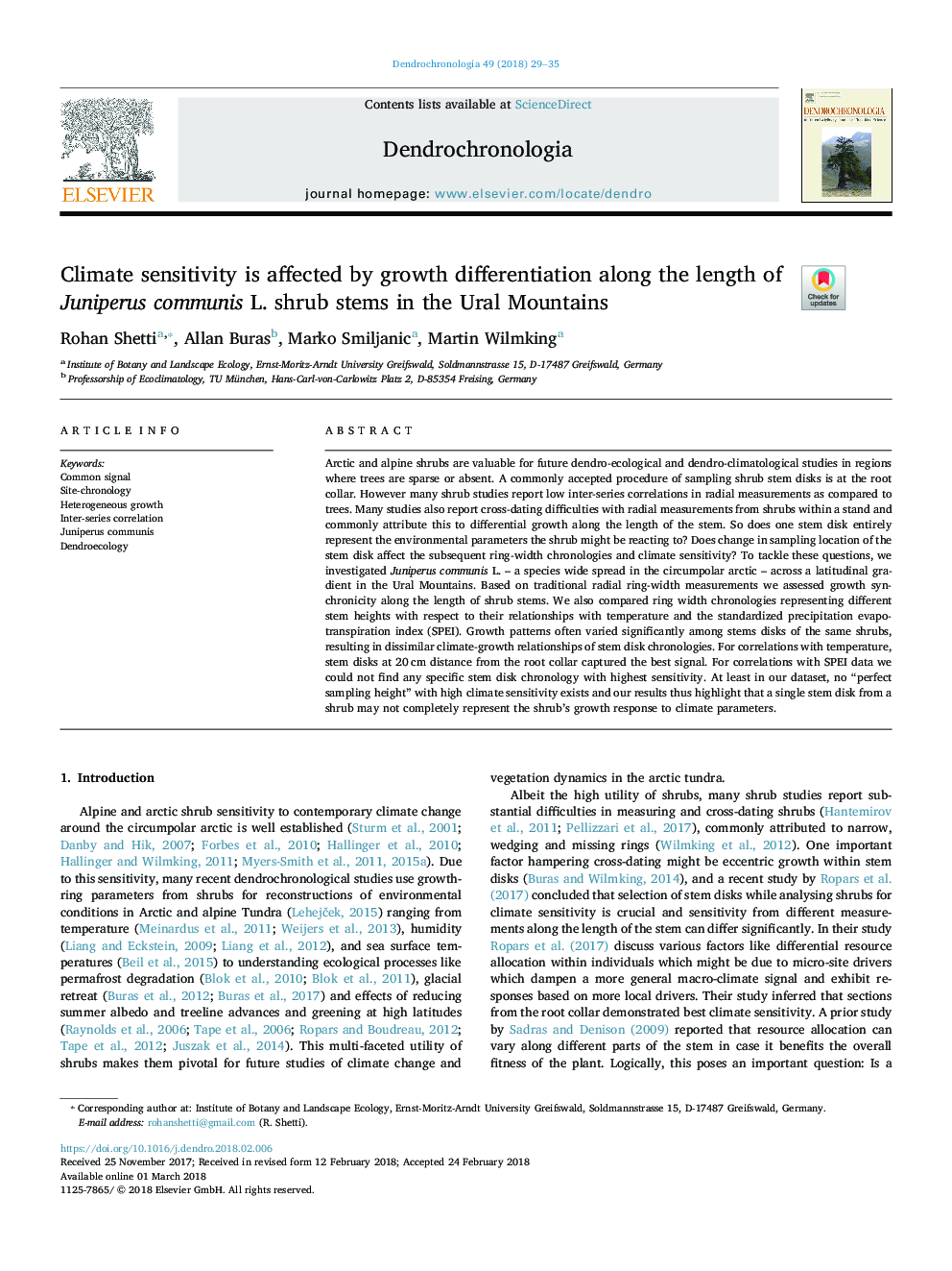 Climate sensitivity is affected by growth differentiation along the length of Juniperus communis L. shrub stems in the Ural Mountains