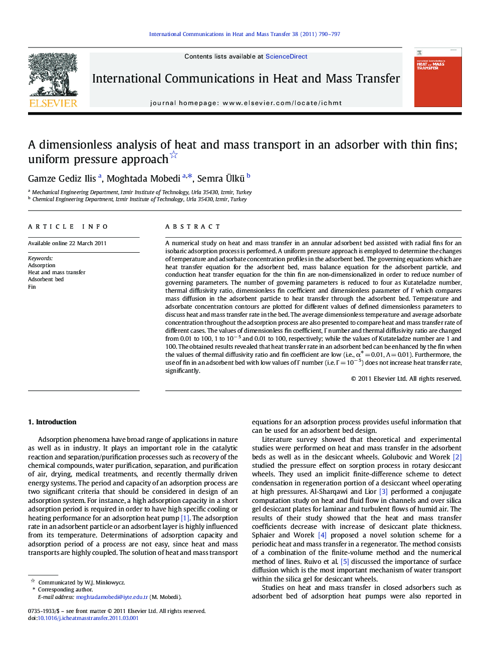 A dimensionless analysis of heat and mass transport in an adsorber with thin fins; uniform pressure approach 