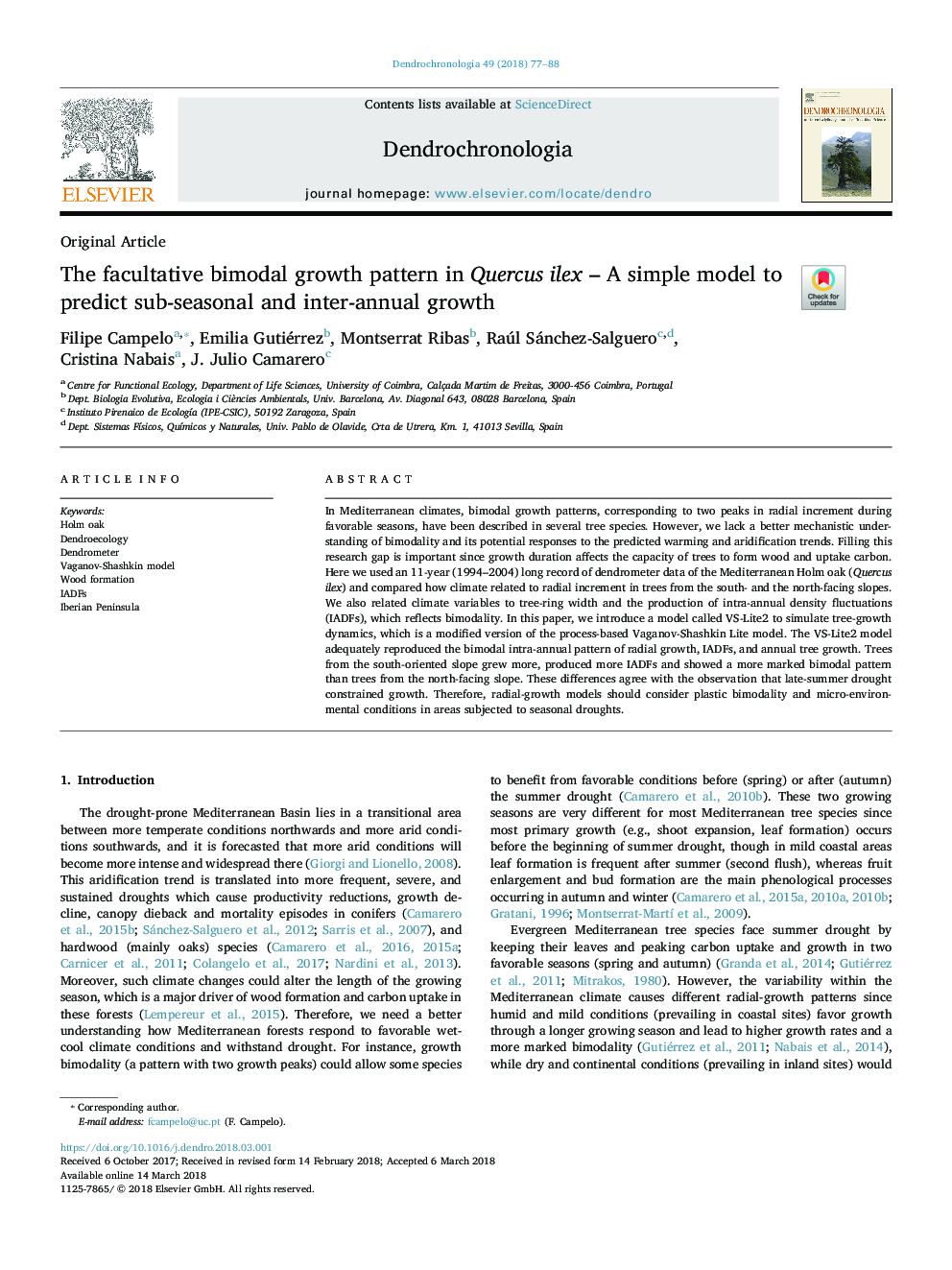 The facultative bimodal growth pattern in Quercus ilex - A simple model to predict sub-seasonal and inter-annual growth