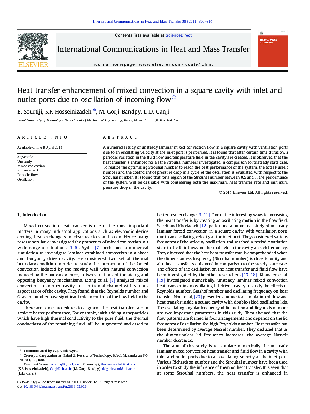 Heat transfer enhancement of mixed convection in a square cavity with inlet and outlet ports due to oscillation of incoming flow 