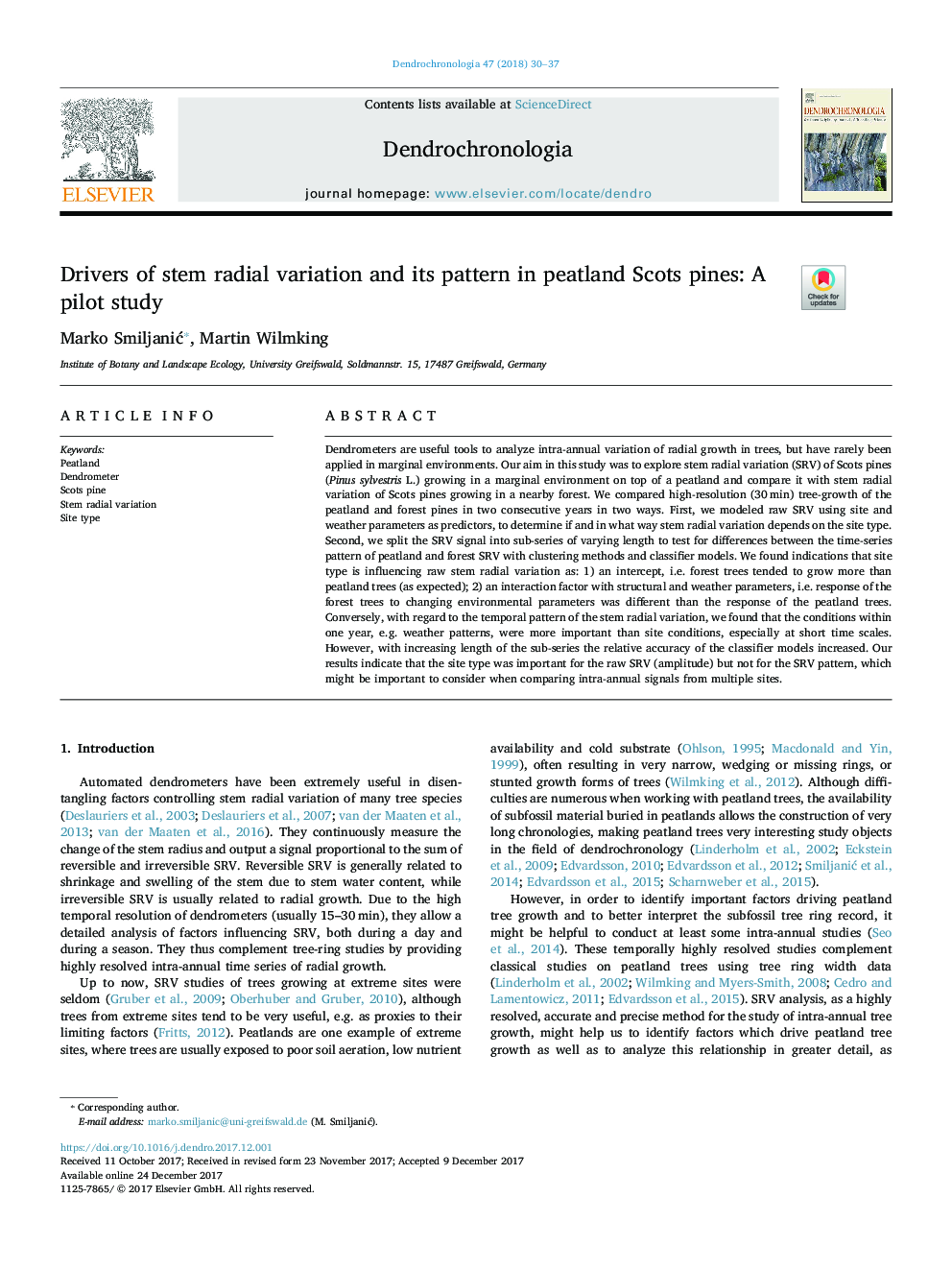 Drivers of stem radial variation and its pattern in peatland Scots pines: A pilot study