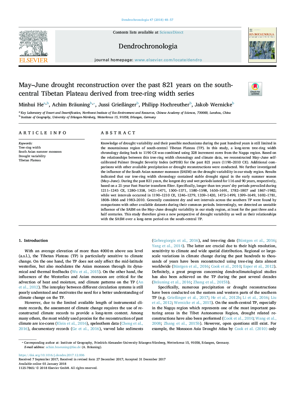 May-June drought reconstruction over the past 821 years on the south-central Tibetan Plateau derived from tree-ring width series