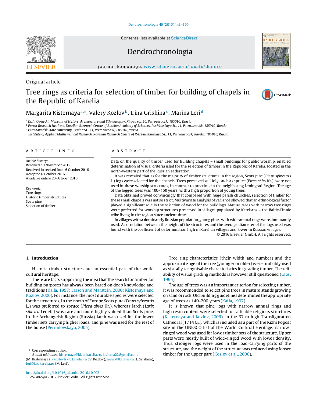 Tree rings as criteria for selection of timber for building of chapels in the Republic of Karelia