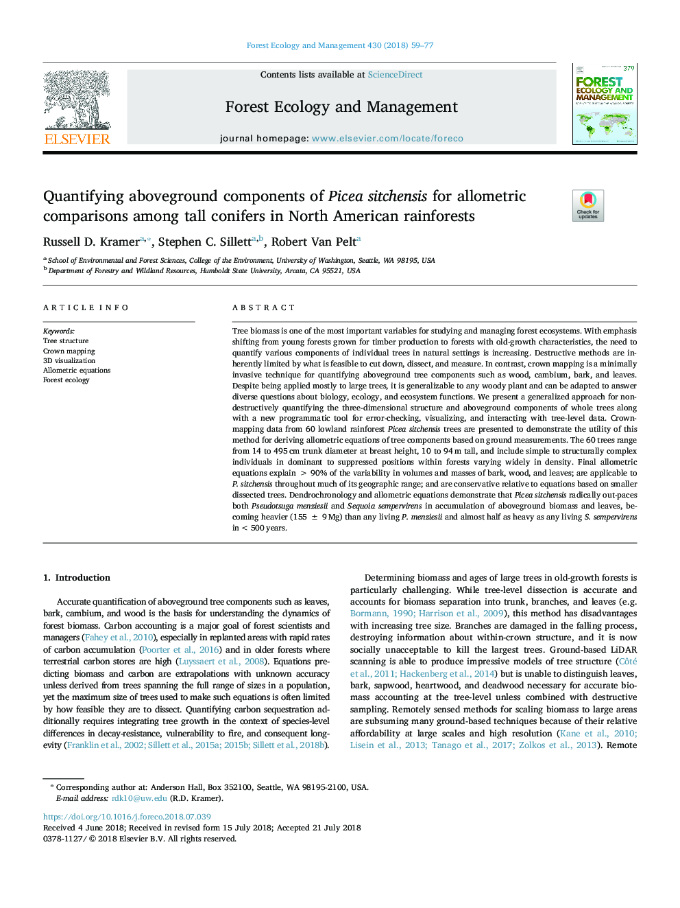 Quantifying aboveground components of Picea sitchensis for allometric comparisons among tall conifers in North American rainforests