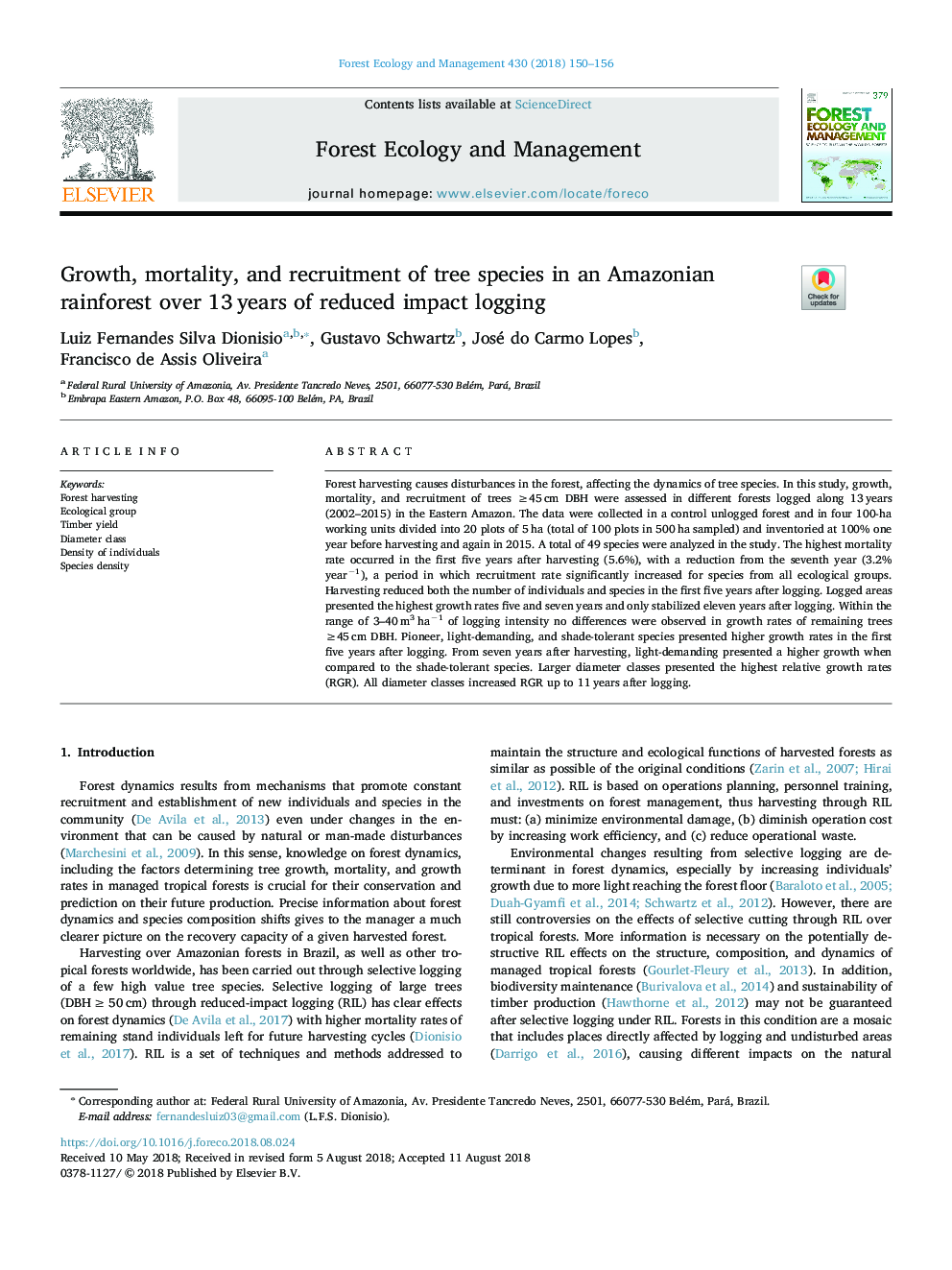 Growth, mortality, and recruitment of tree species in an Amazonian rainforest over 13â¯years of reduced impact logging