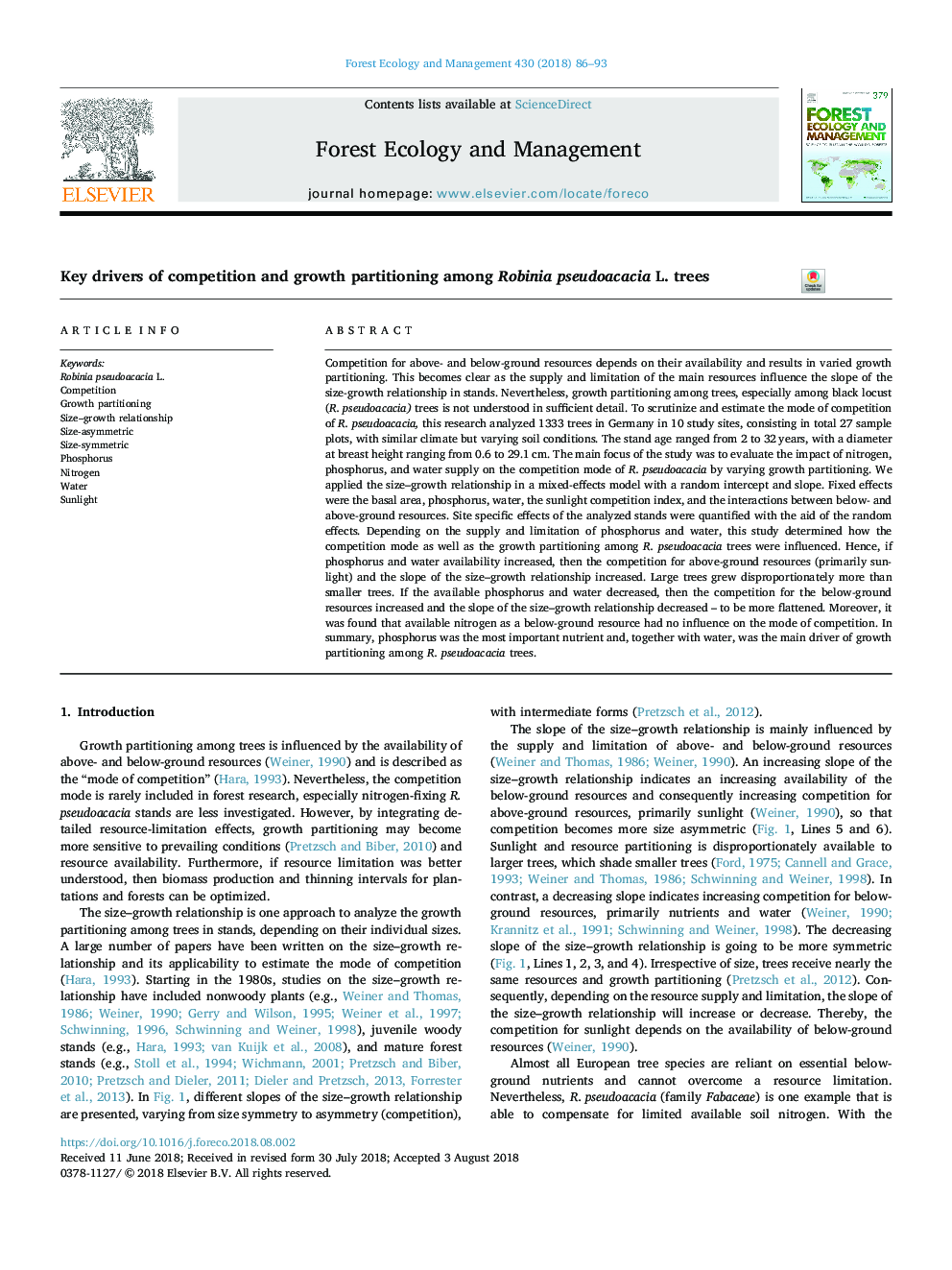 Key drivers of competition and growth partitioning among Robinia pseudoacacia L. trees