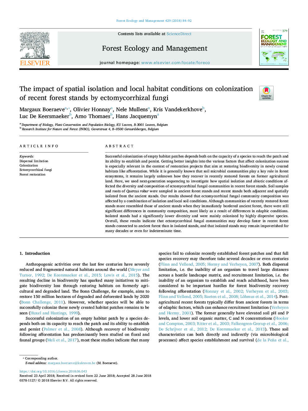 The impact of spatial isolation and local habitat conditions on colonization of recent forest stands by ectomycorrhizal fungi