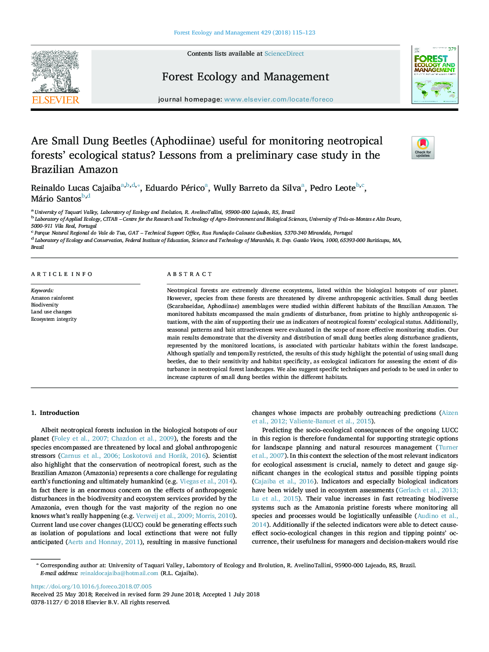 Are Small Dung Beetles (Aphodiinae) useful for monitoring neotropical forests' ecological status? Lessons from a preliminary case study in the Brazilian Amazon