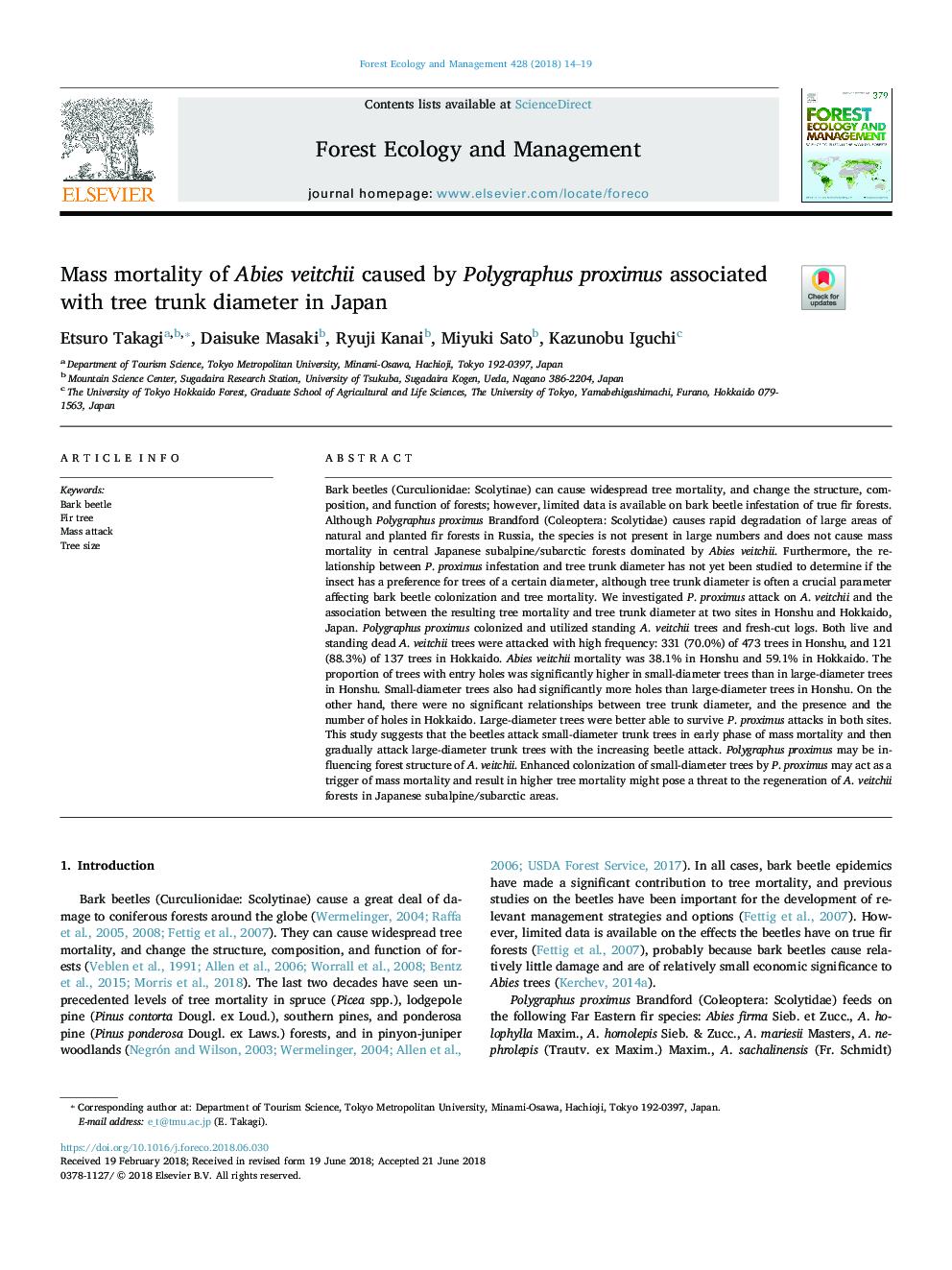 Mass mortality of Abies veitchii caused by Polygraphus proximus associated with tree trunk diameter in Japan