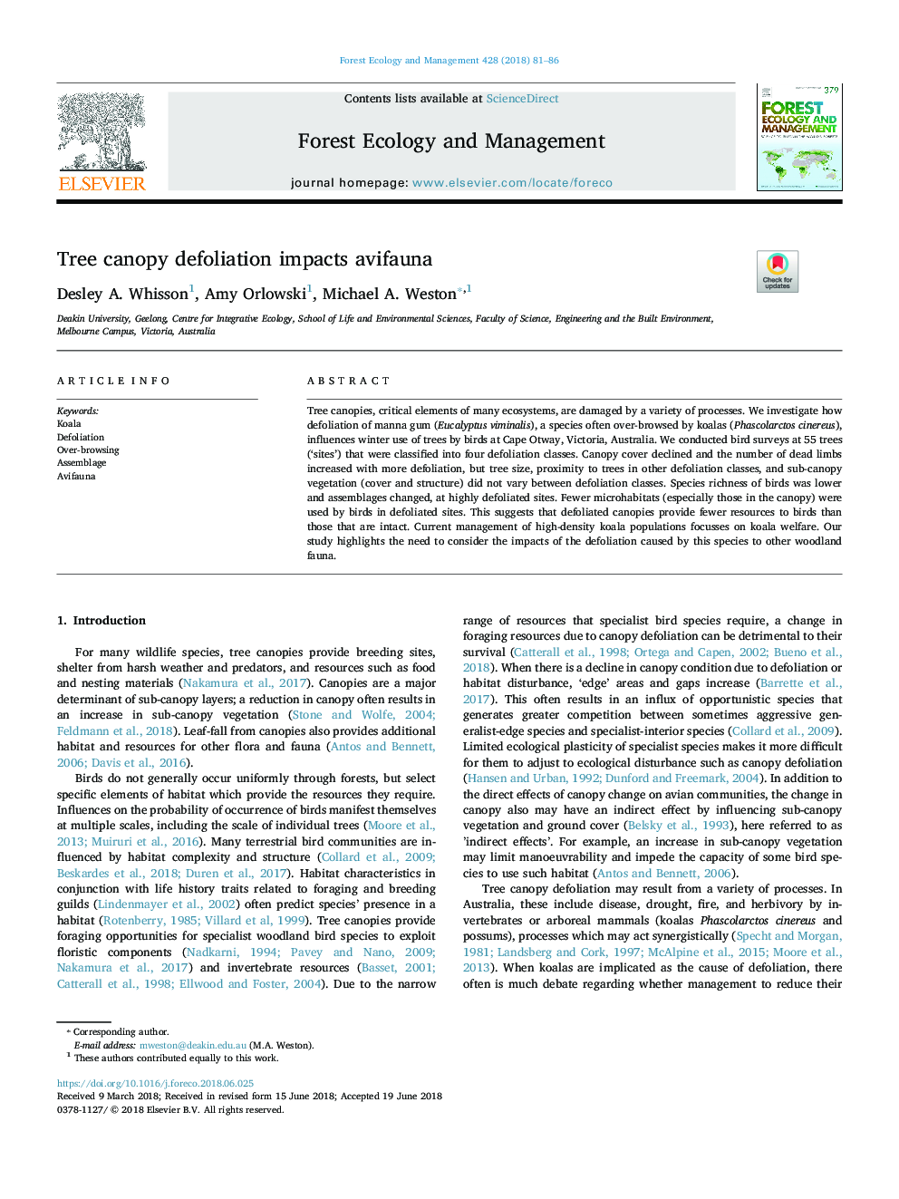 Tree canopy defoliation impacts avifauna