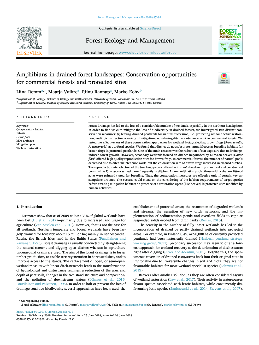 Amphibians in drained forest landscapes: Conservation opportunities for commercial forests and protected sites