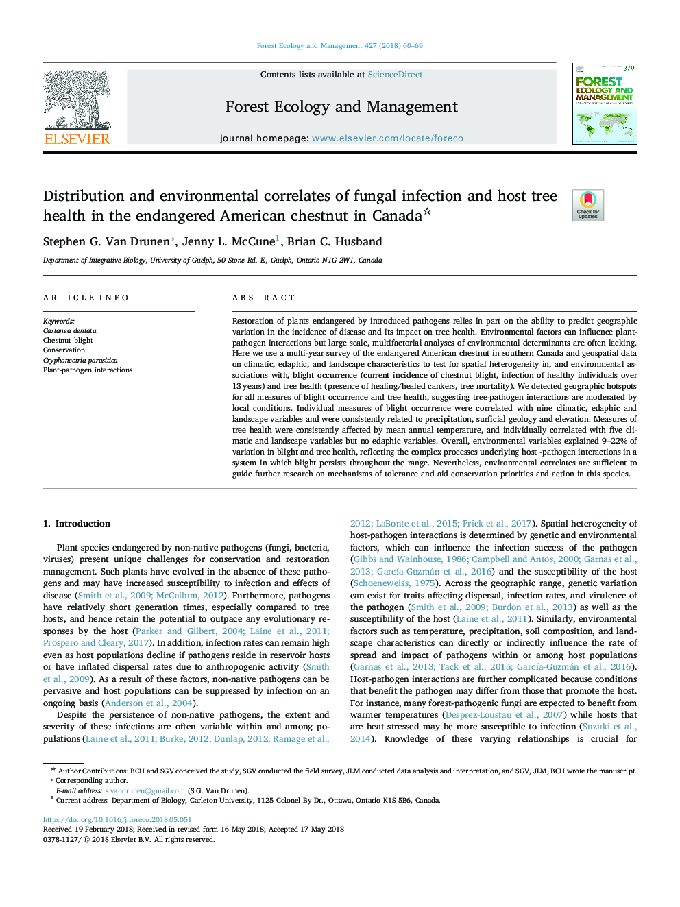 Distribution and environmental correlates of fungal infection and host tree health in the endangered American chestnut in Canada